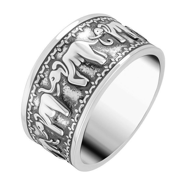 Женское кольцо серебристого цвета со слонами